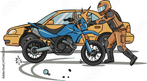 Man in protective gear pushing damaged motorcycle away from car after accident on city street, depicting aftermath and potential insurance claim.