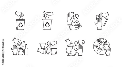 Collection of illustrated hands sorting and recycling various waste materials silhouette