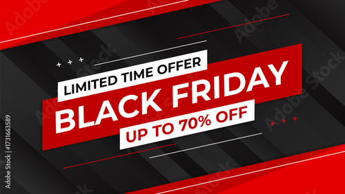 Black Friday sale banner template, modern black and red stripes background, limited time offer up to 70% off, suitable for promotion, shopping, marketing ads, events, and websites
