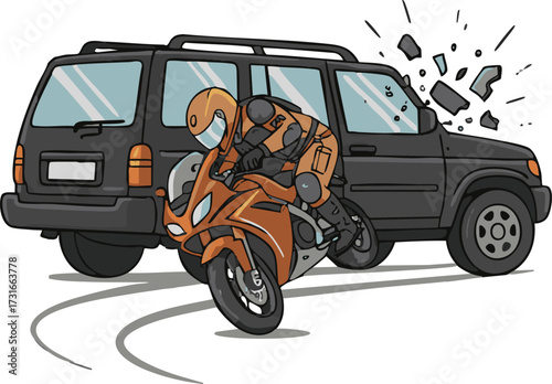 Motorcyclist crashes into the back of a black suv on the road, resulting in broken tail lights and skid marks, depicting a dangerous accident.