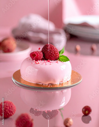 Lychee rose mousse cake, mirror glaze wave frozen mid-pour 