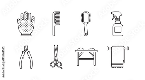 Collection of grooming and pet care tools in a clean silhouette style