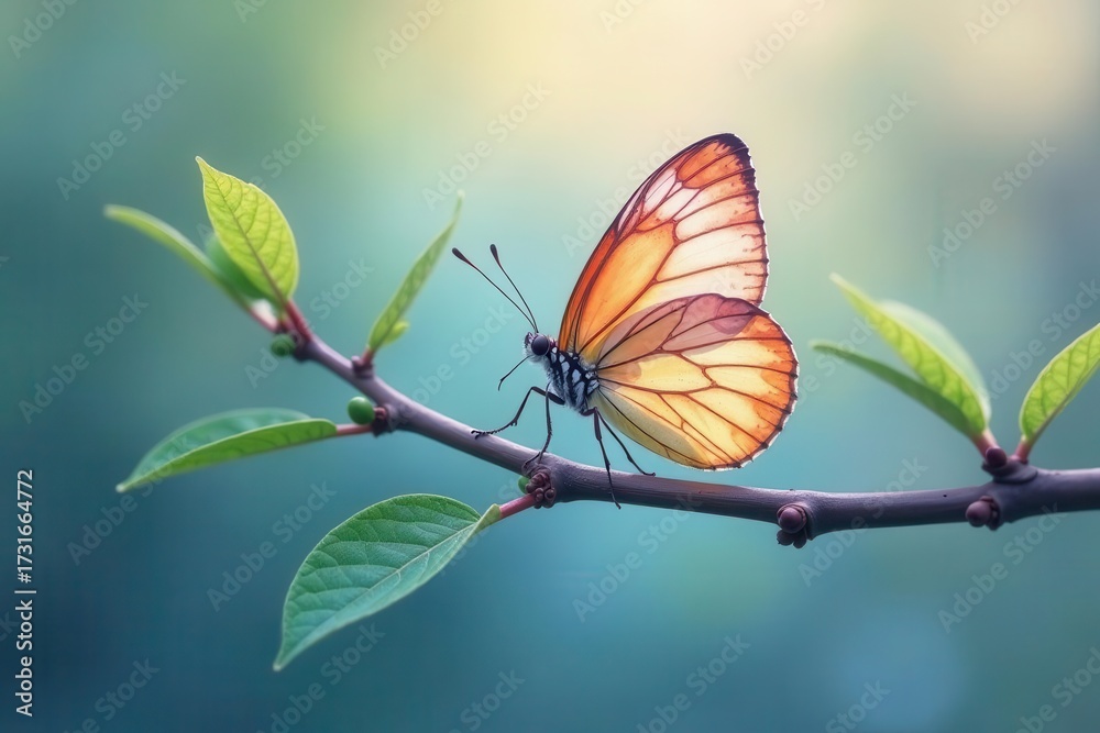 Obraz premium A delicate orange butterfly rests gracefully on a slender branch adorned with vibrant green leaves, bathed in the soft glow of sunlight.