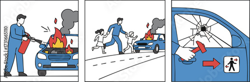 Man extinguishes car fire, while another man leads children to safety, and a hammer breaks the car window in a sequence of emergency actions showing danger and rescue.