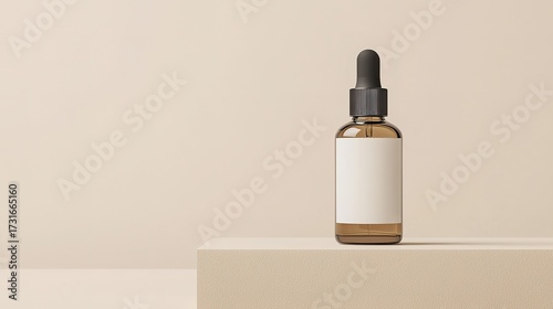 A minimalist amber dropper bottle with a blank label sits on a beige textured surface against a matching neutral background.