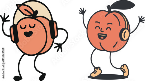 Two joyful cartoon peaches dancing and wearing headphones celebrating good vibes