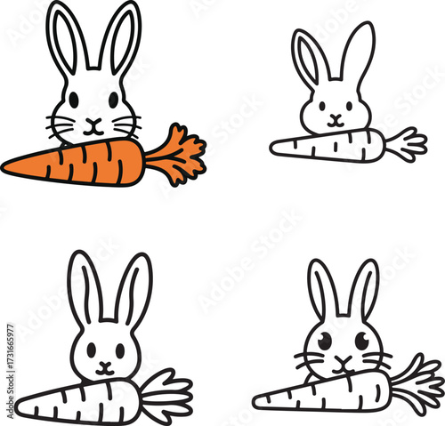 Cute cartoon bunny rabbits with carrots fun hand-drawn style kawaii easter spring collection