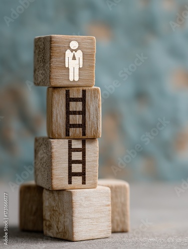 A stack of wooden blocks featuring a figure in a suit and a ladder graphic, symbolizing career advancement and growth.