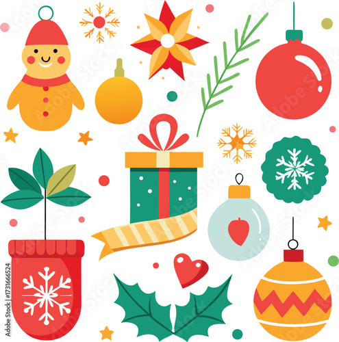 Vector art of assortment of cheerful christmas icons and decorative elements, featuring a snowman, christmas tree, baubles, gift, holly, and plant, all isolated on a for holiday projects