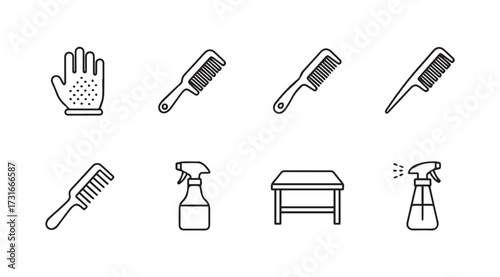 Collection of grooming and cleaning tools including combs gloves and spray bottles silhouette