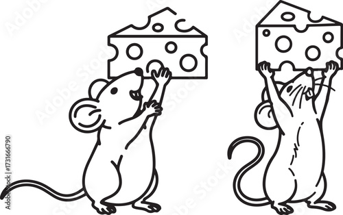 Two cute cartoon mice holding large delicious cheese pieces with joy and excitement