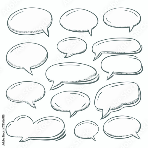 Speech bubble doodle talk set. Hand drawn comic doodle style dialog balloon, thought cloud speech bubble element pack. Cartoons speak of conversation elements.