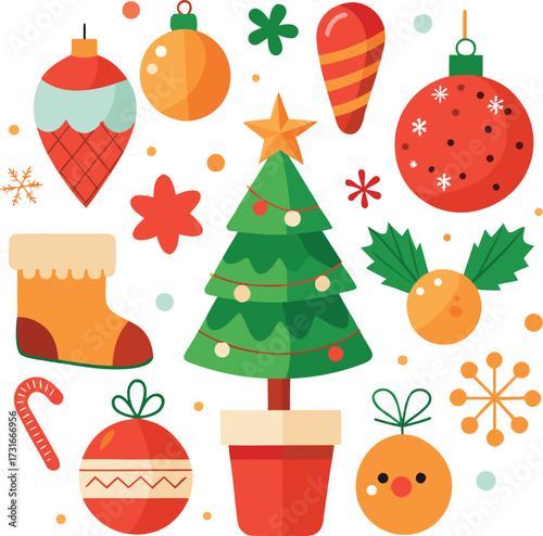 Vector art of charming assortment of christmas decorations featuring a green tree, various baubles, a stocking, candy cane, and snowflakes, presented in a lively composition on a for seasonal projects