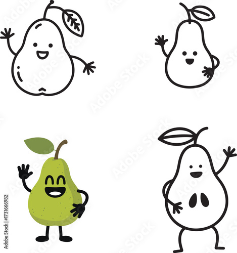 Cute kawaii fruit characters adorable pear friends waving hello fun food artwork