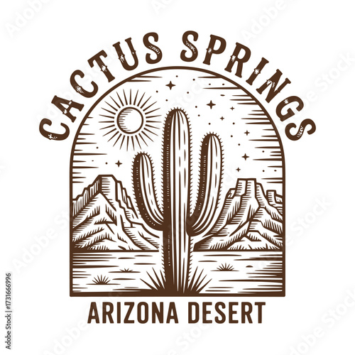 Arizona Desert Cactus Springs Sketch,  Hand Drawn Desert Illustration for Fashion Apparel, T-Shirt and Sweatshirt Design, Vintage Outdoor Graphic, Retro Clothing Print, Wild West Nature Art Style