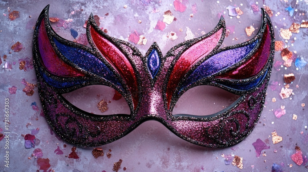 Naklejka premium A colorful venetian mask with glitter accents on a textured background with confetti scattered around it