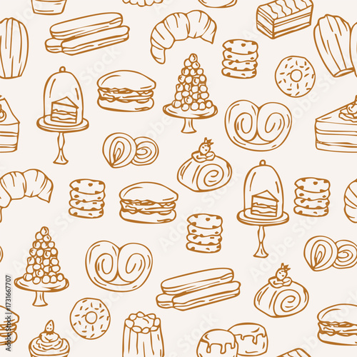 Hand drawn doodle pastry background. Different desserts, cakes, confectionery