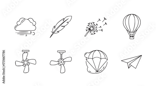 Collection of eight simple line art icons representing flight and air travel silhouette