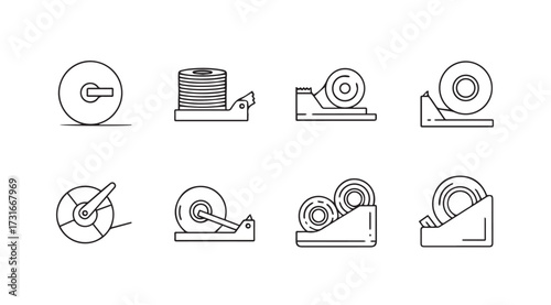 Collection of eight different tape dispensers in a simple line art silhouette style
