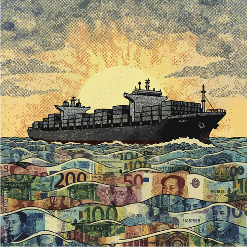 Global Trade Shipping Finance Vector Illustration. Cargo Ship Currency Sea Flat Design