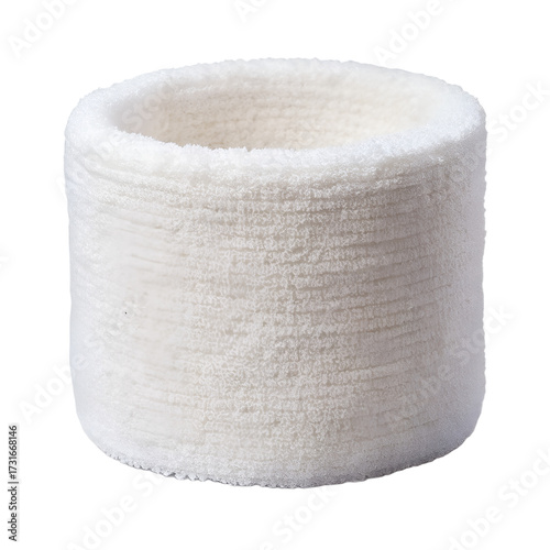A single white terry cloth wristband, commonly used for sports or sweat absorption, isolated on a transparent background