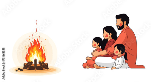 Family gathered warmly near a bonfire with red-colored outfits, celebrating a cozy evening with warmth and affection, enjoying a sense of unity and happiness