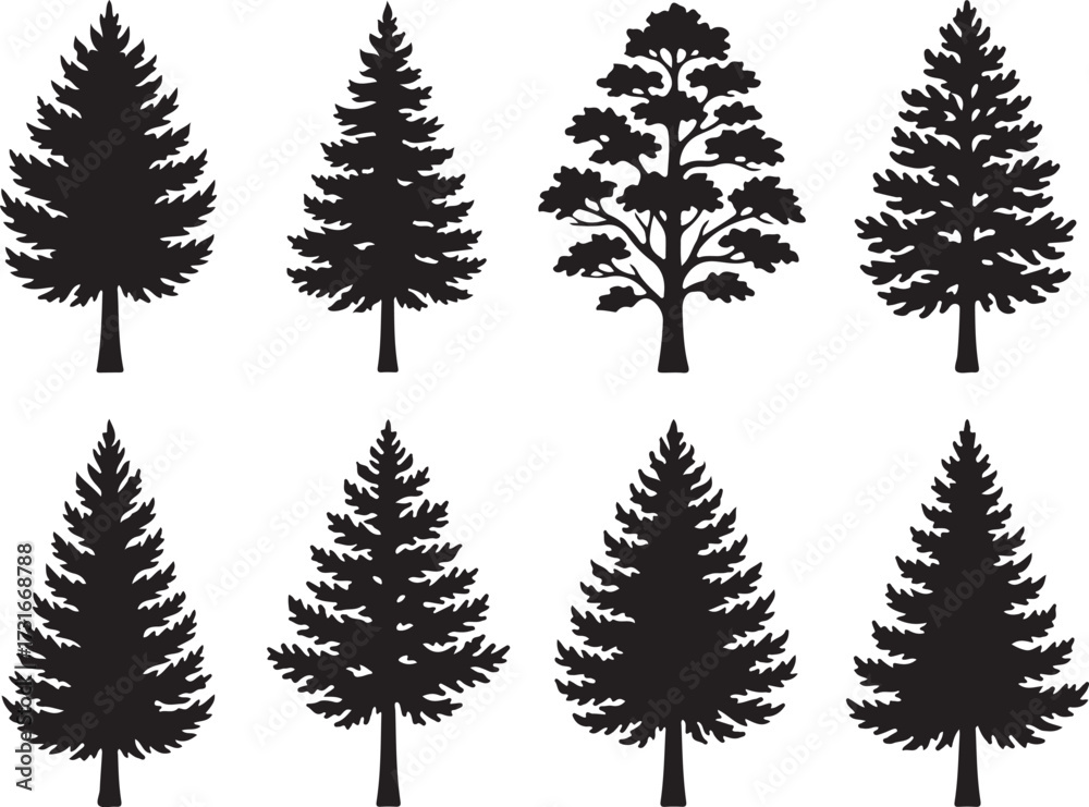 Obraz premium Evergreen Silhouette Collection: A stunning collection of evergreen tree silhouettes, embodying the elegance and tranquility of nature in a simple, artistic design.