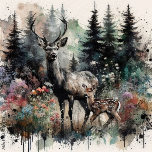 A Majestic Pair of Deer in a Vibrant Forest Surrounded by Colorful Wildflowers and Trees