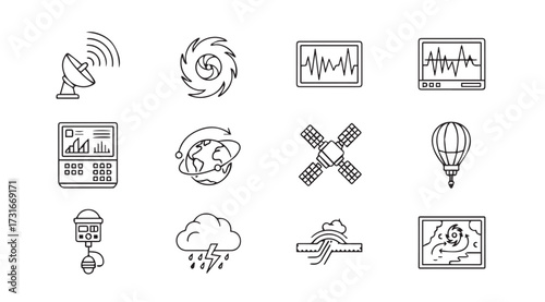 Collection of hand drawn icons representing weather phenomena and technology silhouette