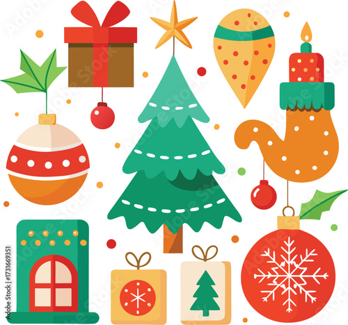 Vector art of a vibrant assortment of christmas elements such as a decorated tree, gifts, ornaments, a candle, and a fireplace, presented on a clean