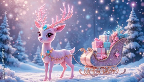 A charming animated deer in a snowy landscape with a festive sleigh filled with gifts