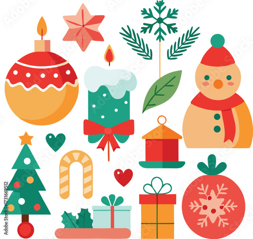 Vector art of a festive collection of christmas icons including a snowman, christmas tree, ornaments, candle, candy cane, snowflake, holly, and gifts, all isolated on a for easy use in holiday designs