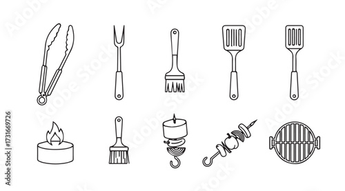Collection of hand drawn barbecue grilling tools and accessories silhouette