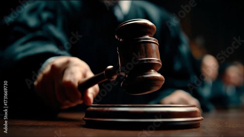 A gavel is being wielded by a person in a court setting in front of a sound block