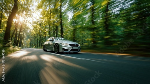 Speed on the Road: a dynamic capture of a sleek, silver vehicle speeding along a tree-lined road, the sun-drenched forest, creating a sense of motion and freedom.