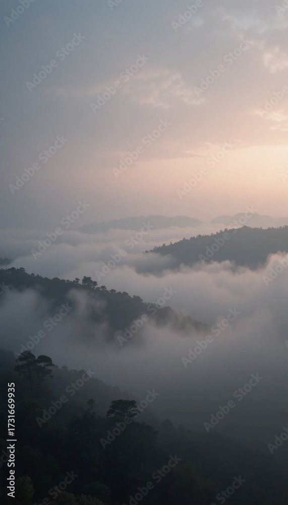 Fototapeta premium A serene landscape filled with soft clouds rolling over distant mountains at dawn