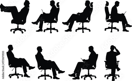 PrintBusinessman silhouette sitting in office chair, different postures, body language, workplace ergonomics, corporate behavior, confusion, thinking, tablet, clipboard, relaxed, stressed
