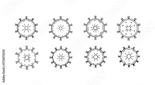 Collection of eight vintage oval compass rose emblems in a decorative silhouette style
