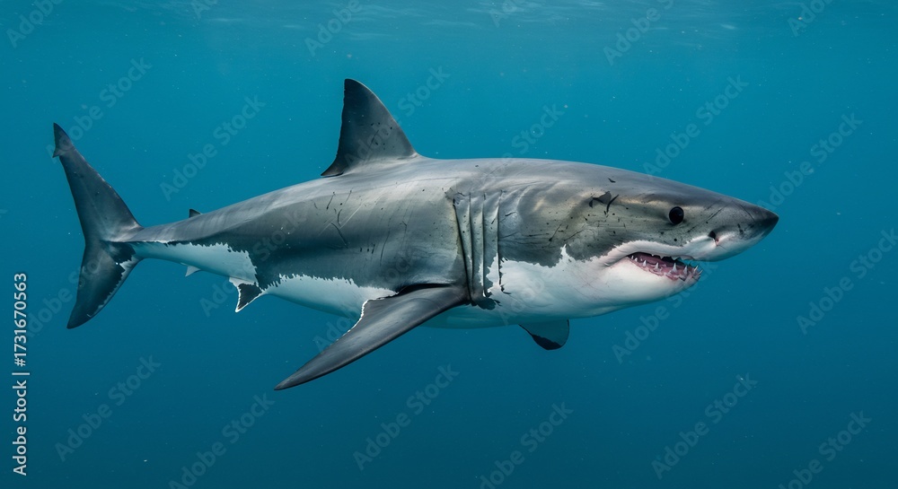 Fototapeta premium 青く澄んだ海中を力強く泳ぐホオジロザメ 自然光が照らす白い巨体と鋭い歯 圧倒的な存在感の水中写真. AI Generated