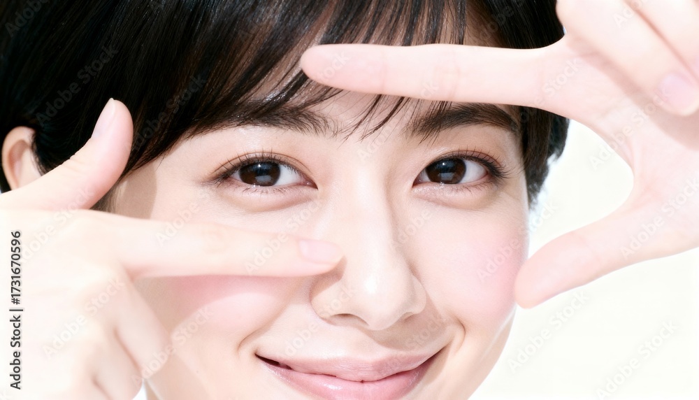 Fototapeta premium 目元をフレームで囲んで微笑む女性