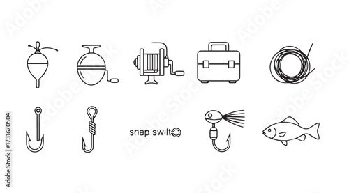 Collection of fishing gear icons in a simple line drawing silhouette style