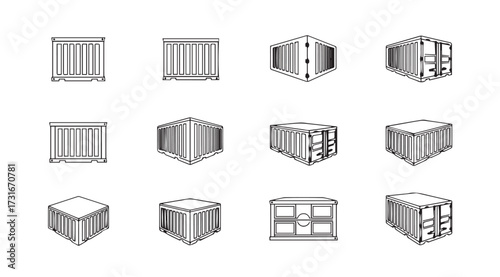 Collection of shipping container illustrations in a sketchy silhouette style