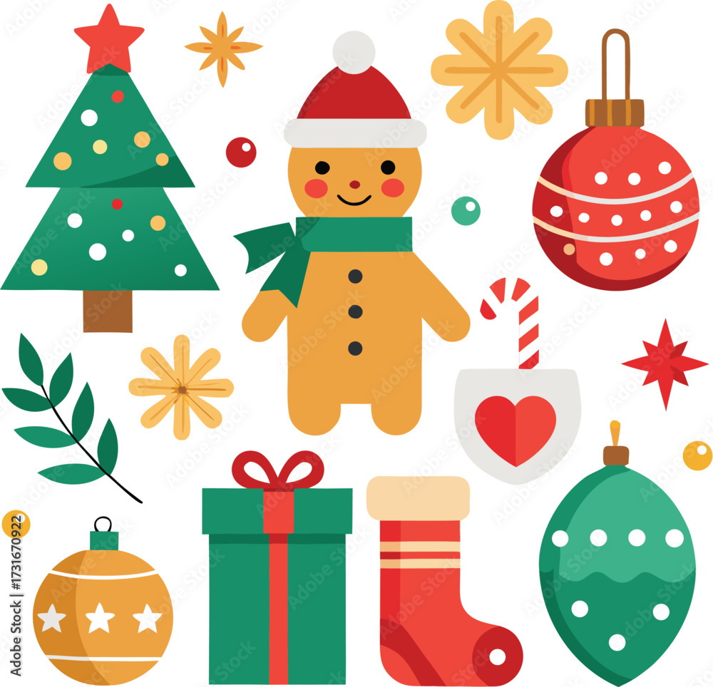 Fototapeta premium Vector art of a cheerful assortment of christmas elements such as a decorated fir tree, a gingerbread person, baubles, a gift box, and a stocking, presented on a