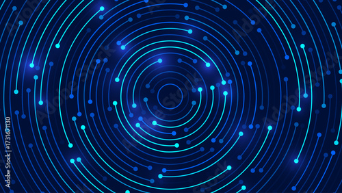 Concentric Circles Digital Tech Circuit Pattern. Technology Background of Circular Lines and Dot Connections. Abstract Circle Big Data Transmission Internet Network. Vector Illustration.