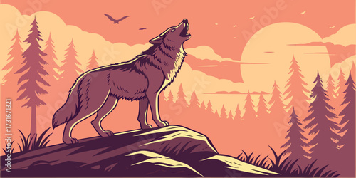 Vector illustration of a wolf howling atop a rocky outcrop at sunrise. Include forest in background, warm sky colors, realistic fur texture, minimal extra elements, cinematic wildlife poster style.