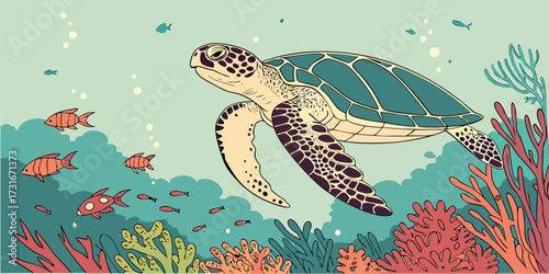Vector poster of a sea turtle gliding over colorful coral reefs. Include clear water, subtle sunlight filtering through water, minimal extra elements, vibrant underwater wildlife composition.