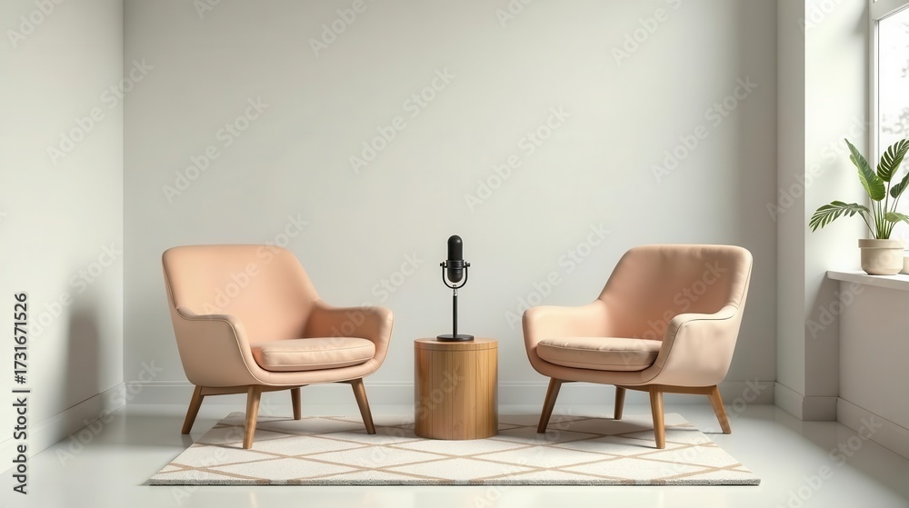 Fototapeta premium Modern minimalist interior design featuring two peach armchairs, a wooden side table, and a classic microphone, perfect for a podcast or interview setting