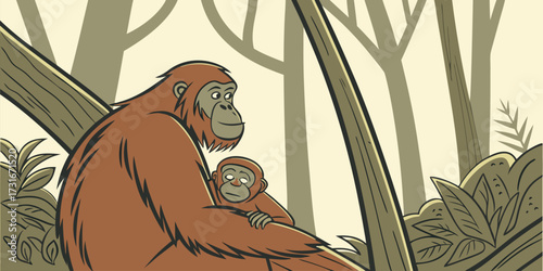 Vector illustration of an orangutan mother holding her baby in dense rainforest foliage. Include textured trees, soft light filtering through leaves, realistic fur detail, minimal extra elements, emot