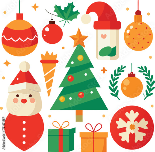 Vector art of a charming christmas set featuring a snowman, santa claus, christmas tree, ornaments, gifts, holly wreath, and snowflakes, all neatly isolated on a