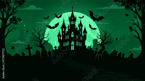 Halloween background with castle, graveyard and bats. Vector illustration.